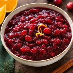 Bowl of glossy old-fashioned cranberry sauce with whole cranberries, orange zest, and cinnamon.