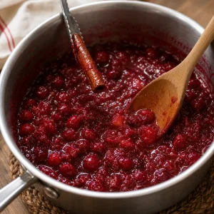 Die Zimtstange wird entfernt, während einige Cranberries im Topf leicht zerdrückt werden.