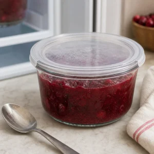Abgedeckte Schüssel gekühlter Cranberrysauce mit einem Löffel zum Umrühren vor dem Servieren.