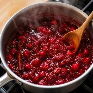 Cranberrysauce köchelt, bis die meisten Beeren aufgeplatzt sind und die Sauce glänzend, aber locker ist.