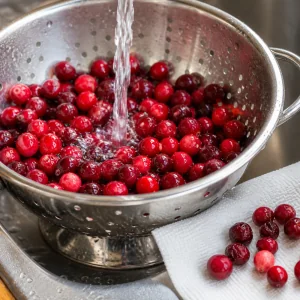 Frische Cranberries werden in einem Sieb abgespült und für die Sauce abgetropft.