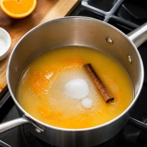 Zucker, Orangensaft, Orangenschale, Zimtstange, Wasser und Salz in einem Topf.