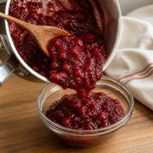 Warme Cranberrysauce wird aus dem Topf in eine Schüssel oder ein Glas gefüllt.