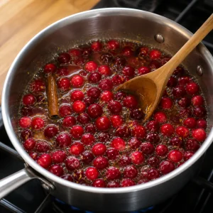 Ganze Cranberries werden in die simmernede Orangen-Zimt-Flüssigkeit im Topf gegeben.