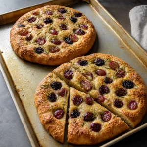 Baked grape rosemary focaccia with golden edges