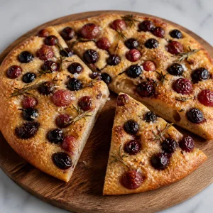 Finished grape rosemary focaccia cut into wedges