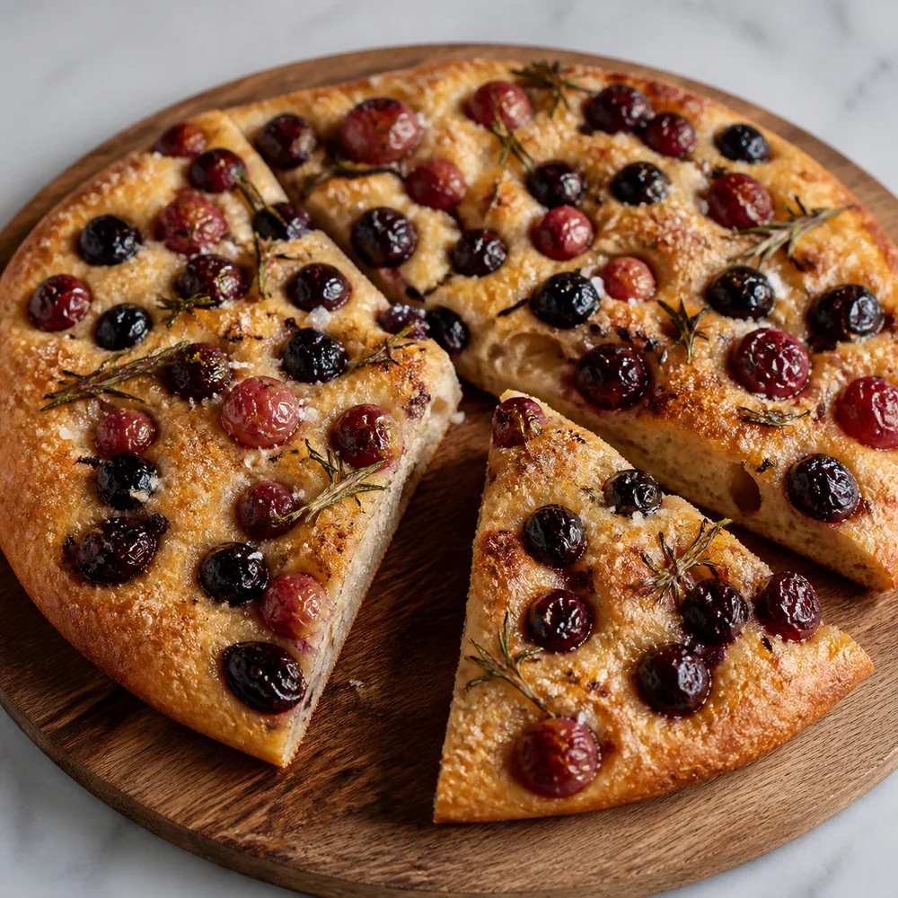 Finished grape rosemary focaccia cut into wedges
