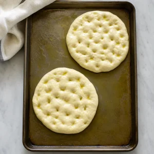 Puffy focaccia rounds after the second rise