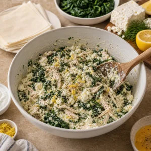 Recheio de frango feta e espinafre numa tigela