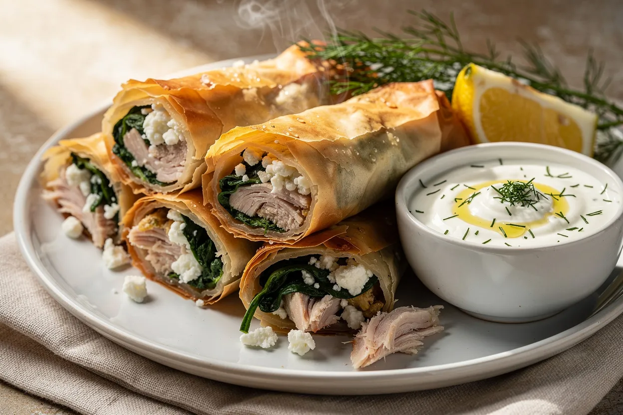 Greek Chicken Filo Rolls with Feta & Spinach and Lemon Yogurt