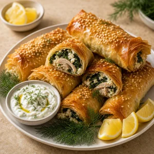 Rolinhos filo de frango servidos com iogurte de limao