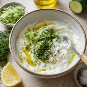 Greek yogurt tzatziki with grated cucumber, dill, lemon and olive oil