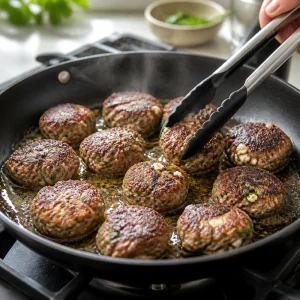 Keftedes browning in a skillet as they are turned with tongs