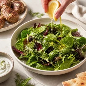 Mixed greens dressed with lemon juice and olive oil beside keftedes