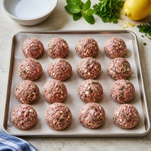 Raw herb and feta beef meatballs arranged on a parchment-lined tray