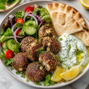 Served keftedes with lemon tzatziki, herbs, pita, greens and lemon wedges