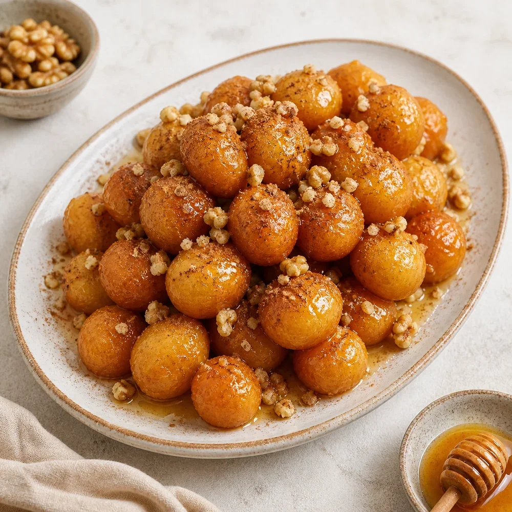 Loukoumades greci finiti con miele, cannella e noci