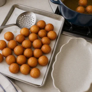 Loukoumades fritti che scolano su carta assorbente