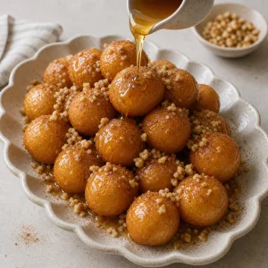 Sciroppo al miele versato sui loukoumades con cannella e noci