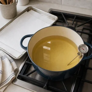 Olio caldo per friggere con vassoio rivestito di carta assorbente
