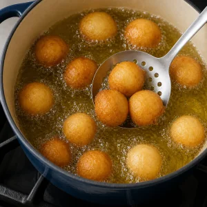 Loukoumades che friggono dorati nell olio bollente