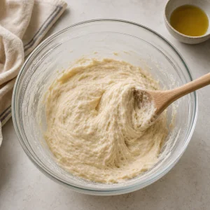 Pastella appiccicosa per loukoumades mescolata con cucchiaio di legno