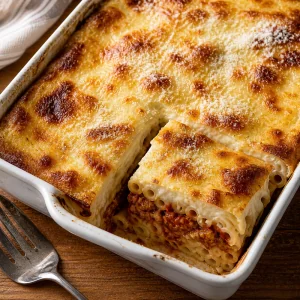 Pastitsio grec cuit avec dessus doré et un coin découpé.