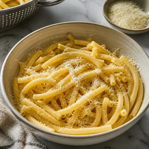 Pâtes tubulaires cuites mélangées avec du fromage râpé dans un bol.