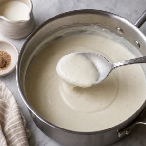 Béchamel crémeuse nappant une cuillère dans une casserole.