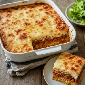 Finished Greek pastitsio with a golden béchamel top and one sliced serving.