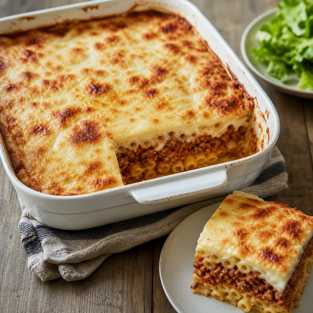 Pastitsio grec terminé avec béchamel dorée et une part découpée.