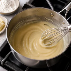 Roux pâle au beurre et à la farine en cuisson dans une casserole.