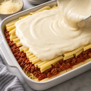 Pastitsio en cours de montage avec pâtes, sauce au bœuf et béchamel.
