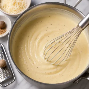 Béchamel enrichie lisse avec fromage et muscade dans une casserole.
