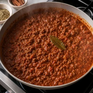 Sauce épaisse au bœuf et à la tomate qui mijote avec du laurier.
