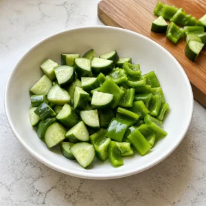 Pepino e pimentão verde picados em uma travessa