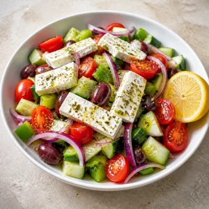Salada grega pronta servida com meio limão ao lado