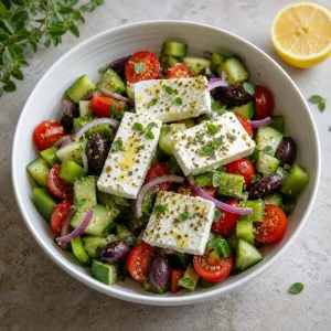 Finished Greek salad with feta, olives, cucumber, tomatoes, lemon, and oregano