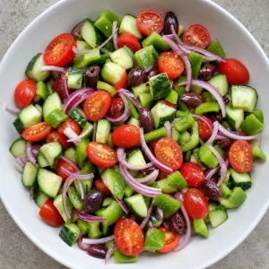 Legumes da salada grega misturados antes do feta