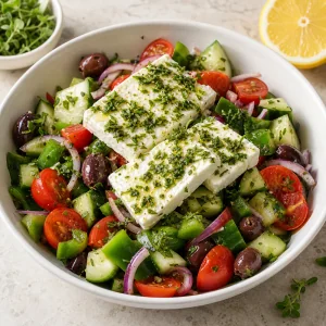 Fatias grossas de feta e orégano sobre a salada grega