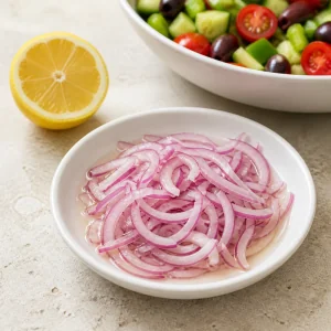 Fatias finas de cebola roxa com limão ao lado da salada