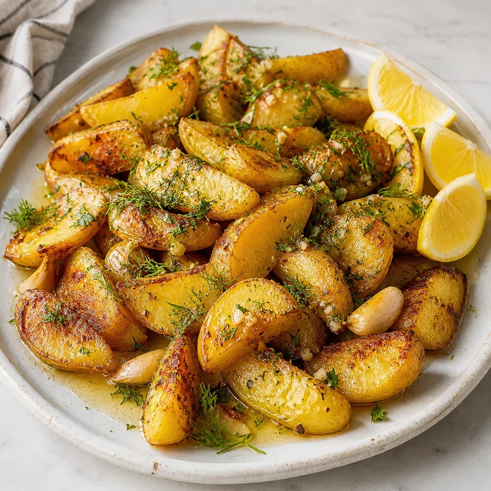 Finished Greek-style lemon potatoes with herbs, roasted garlic, and lemon wedges