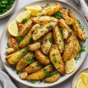 Finished lemon potatoes on a serving dish with herbs and lemon wedges
