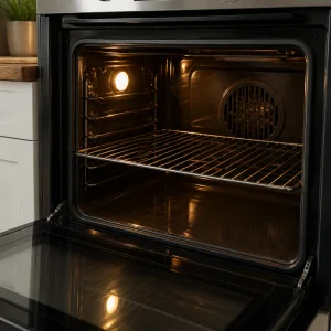 Oven with the center rack positioned for roasting