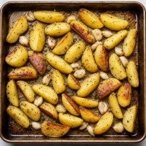 Partly browned potato wedges turned over with smashed garlic cloves scattered around