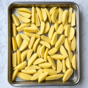 Raw peeled potato wedges arranged in a metal baking pan