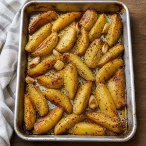 Roasted lemon potatoes resting in the pan as juices absorb