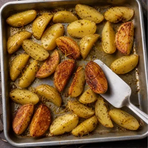 Roasted potato wedges showing deeply browned undersides with a spatula