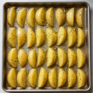 Seasoned potato wedges spread cut side down in one layer