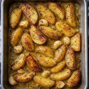 Tender roasted potatoes and garlic with reduced glossy lemon pan juices